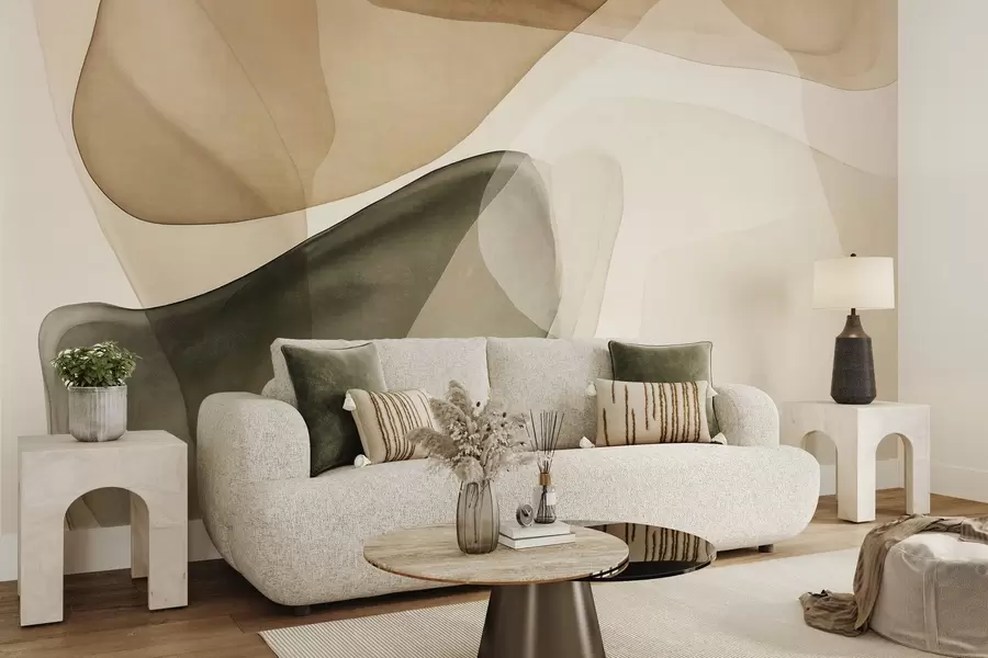 wall murals Abstract shapes in shades of beige and green, textured, translucent layers effect w10022