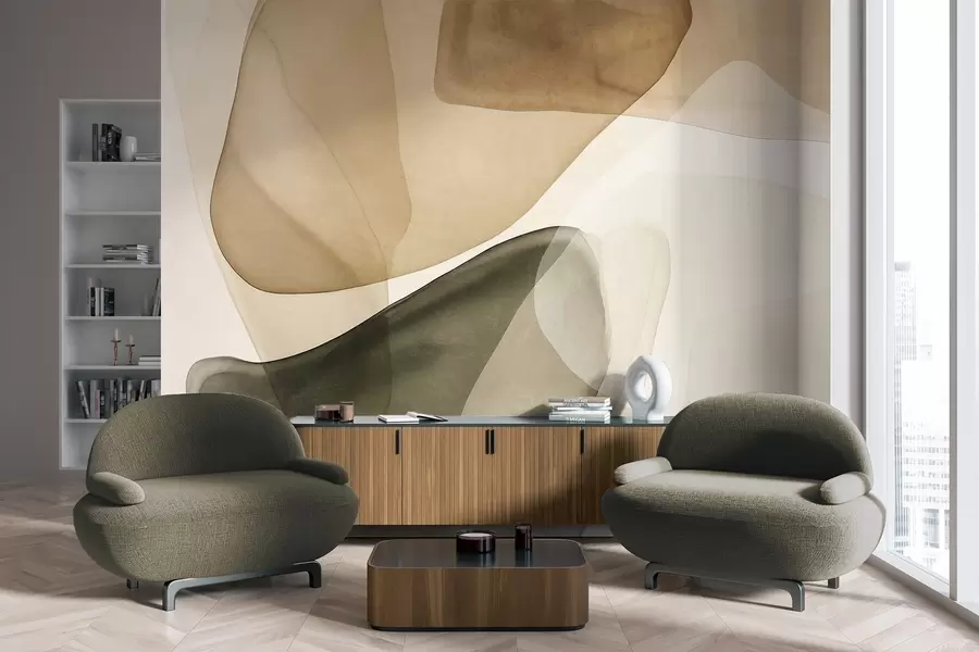 wall murals Abstract shapes in shades of beige and green, textured, translucent layers effect w10022