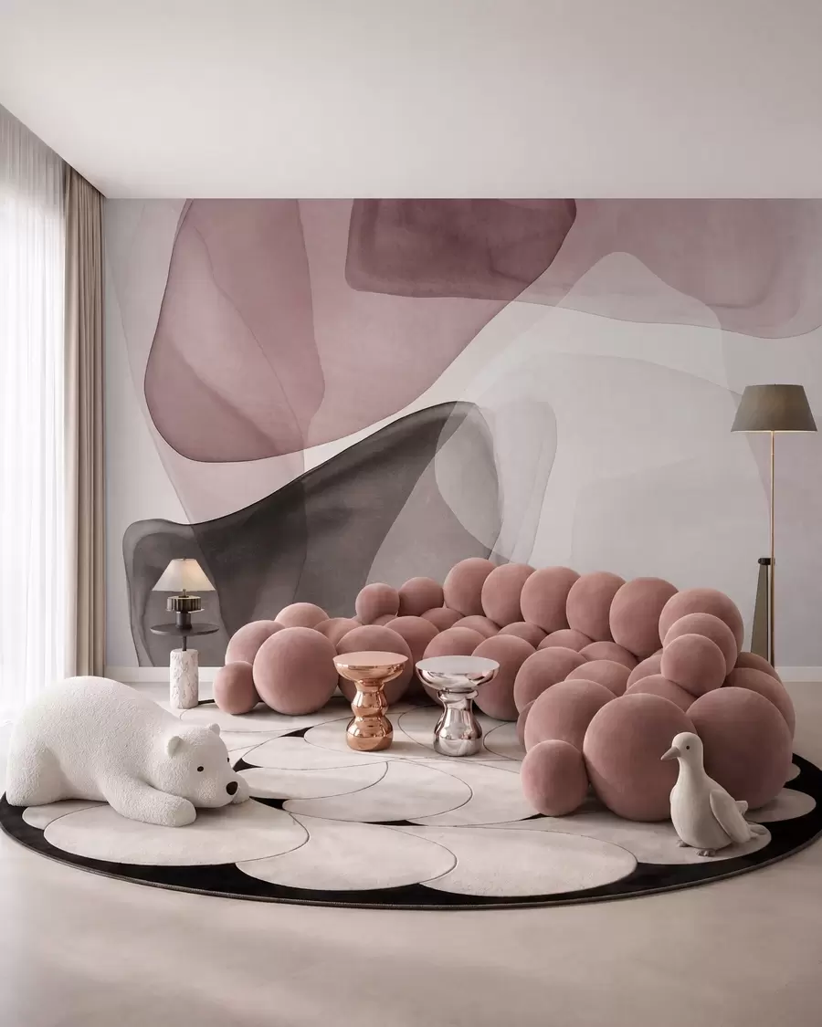 wall murals Abstract shapes in shades of pink and dark brown, textured, translucent layers effect w10022v1
