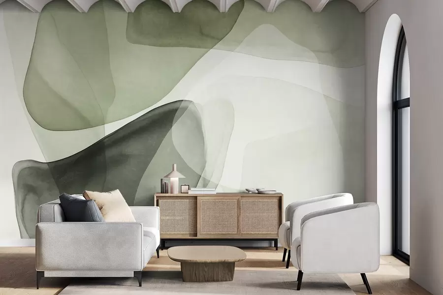 wall murals Abstract shapes in shades of green, textured, translucent layers effect w10022v2