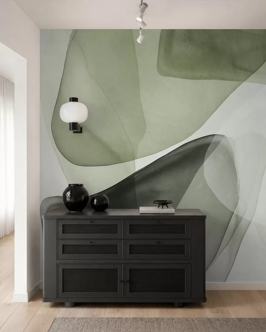 wall murals Abstract shapes in shades of green, textured, translucent layers effect w10022v2