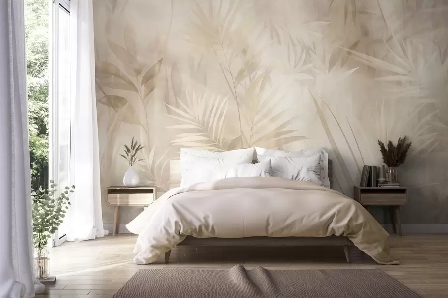 wall murals Palm leaves in muted beige and cream tones, with a soft background, tropical jungle w10023