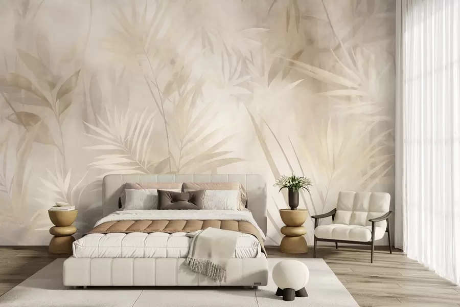 wall murals Palm leaves in muted beige and cream tones, with a soft background, tropical jungle w10023