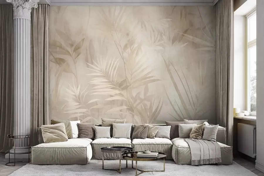 wall murals Palm leaves in muted beige and cream tones, with a soft background, tropical jungle w10023