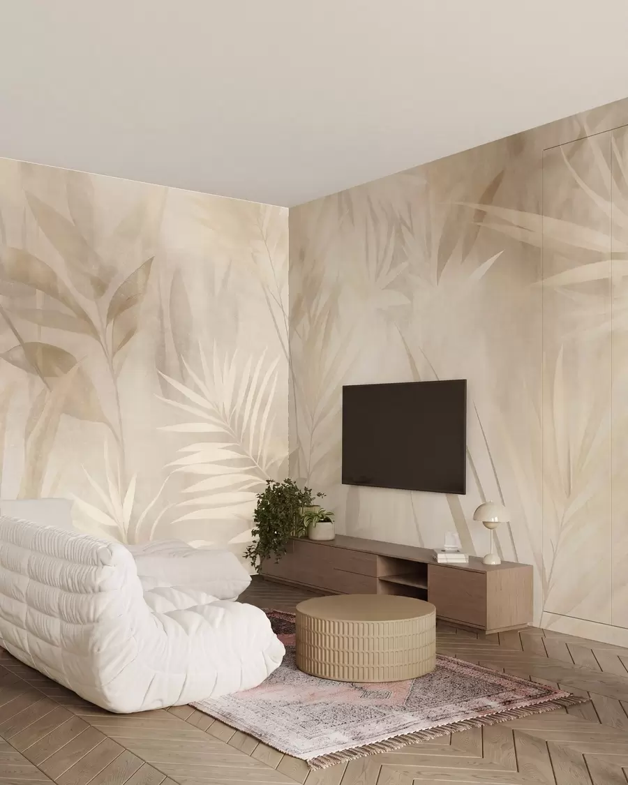 wall murals Palm leaves in muted beige and cream tones, with a soft background, tropical jungle w10023