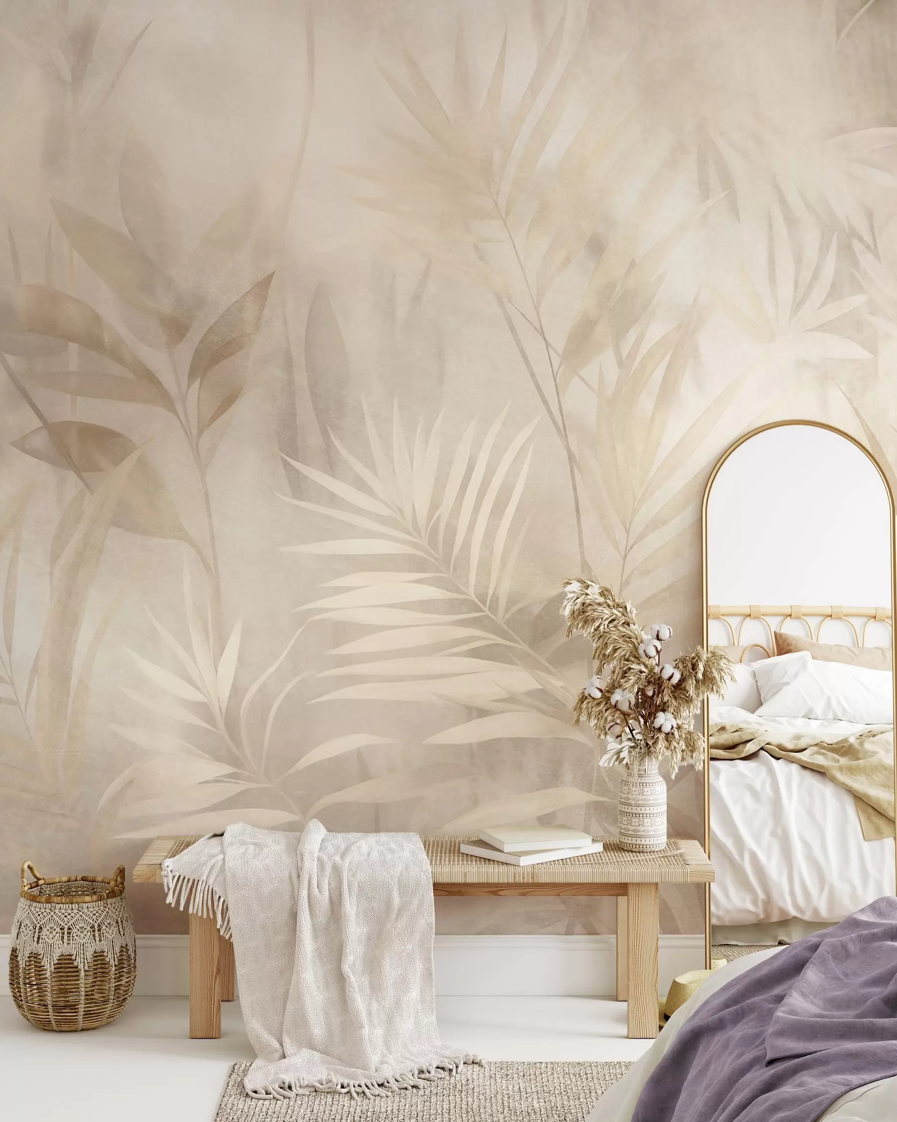 wall murals Palm leaves in muted beige and cream tones, with a soft background, tropical jungle w10023