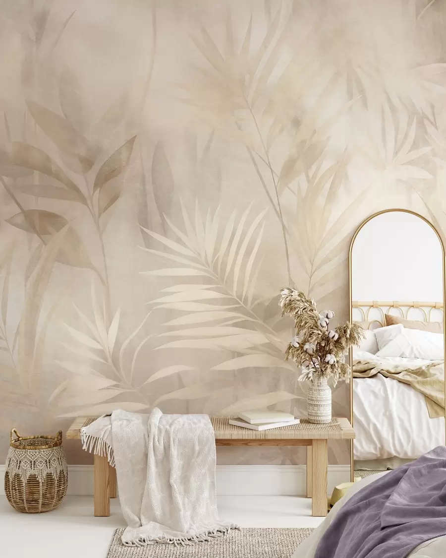 wall murals Palm leaves in muted beige and cream tones, with a soft background, tropical jungle w10023