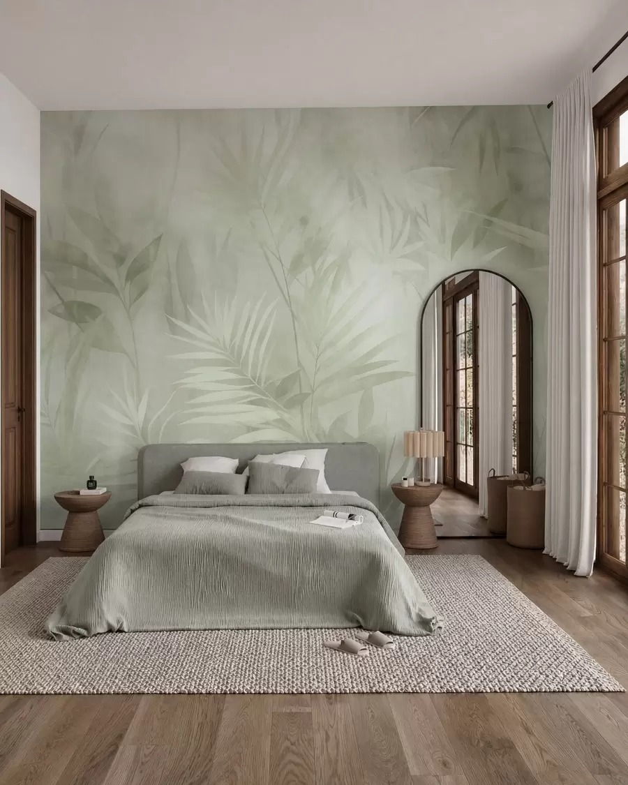 wall murals Palm leaves in muted green tones, with a soft background, tropical jungle w10023v1