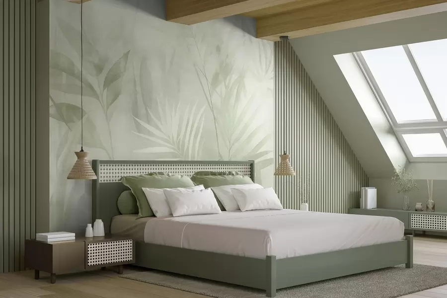 wall murals Palm leaves in muted green tones, with a soft background, tropical jungle w10023v1