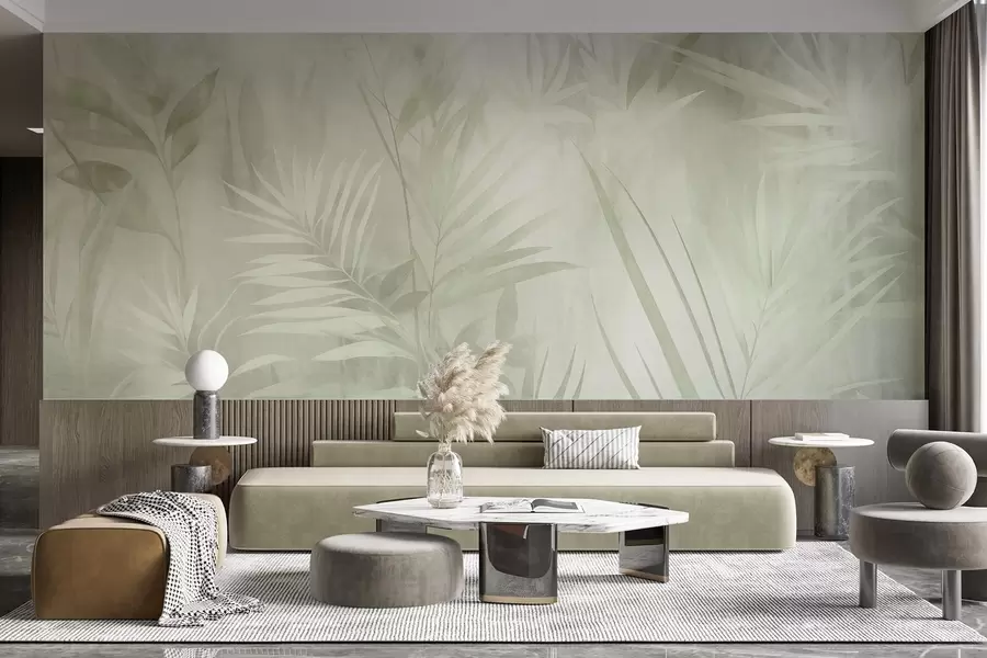 wall murals Palm leaves in muted green tones, with a soft background, tropical jungle w10023v1