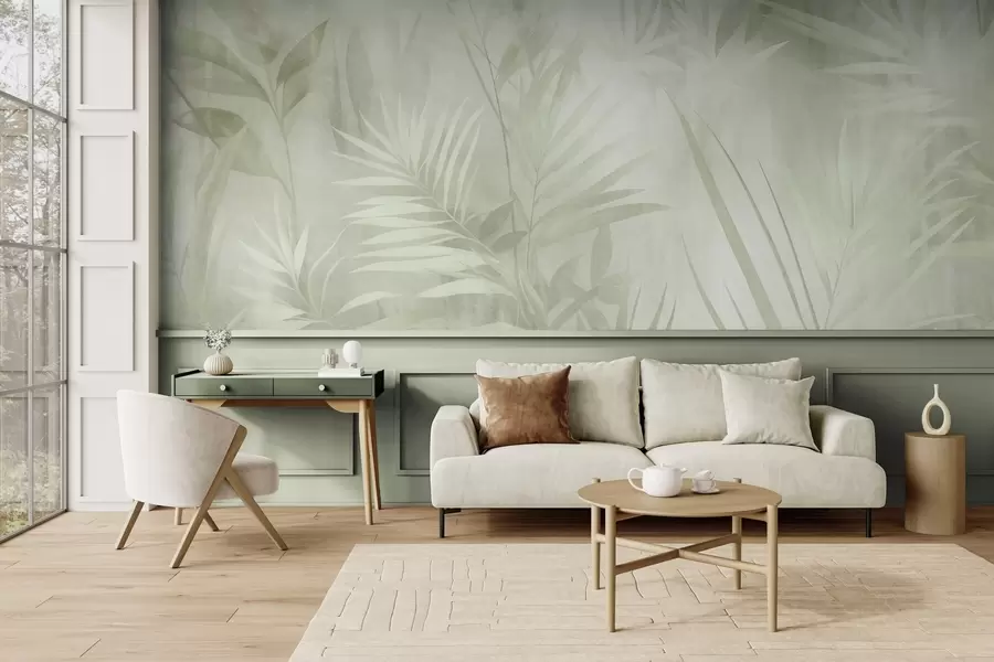 wall murals Palm leaves in muted green tones, with a soft background, tropical jungle w10023v1