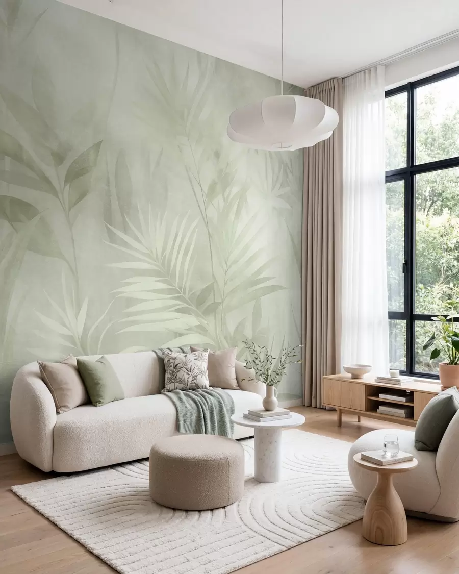 wall murals Palm leaves in muted green tones, with a soft background, tropical jungle w10023v1
