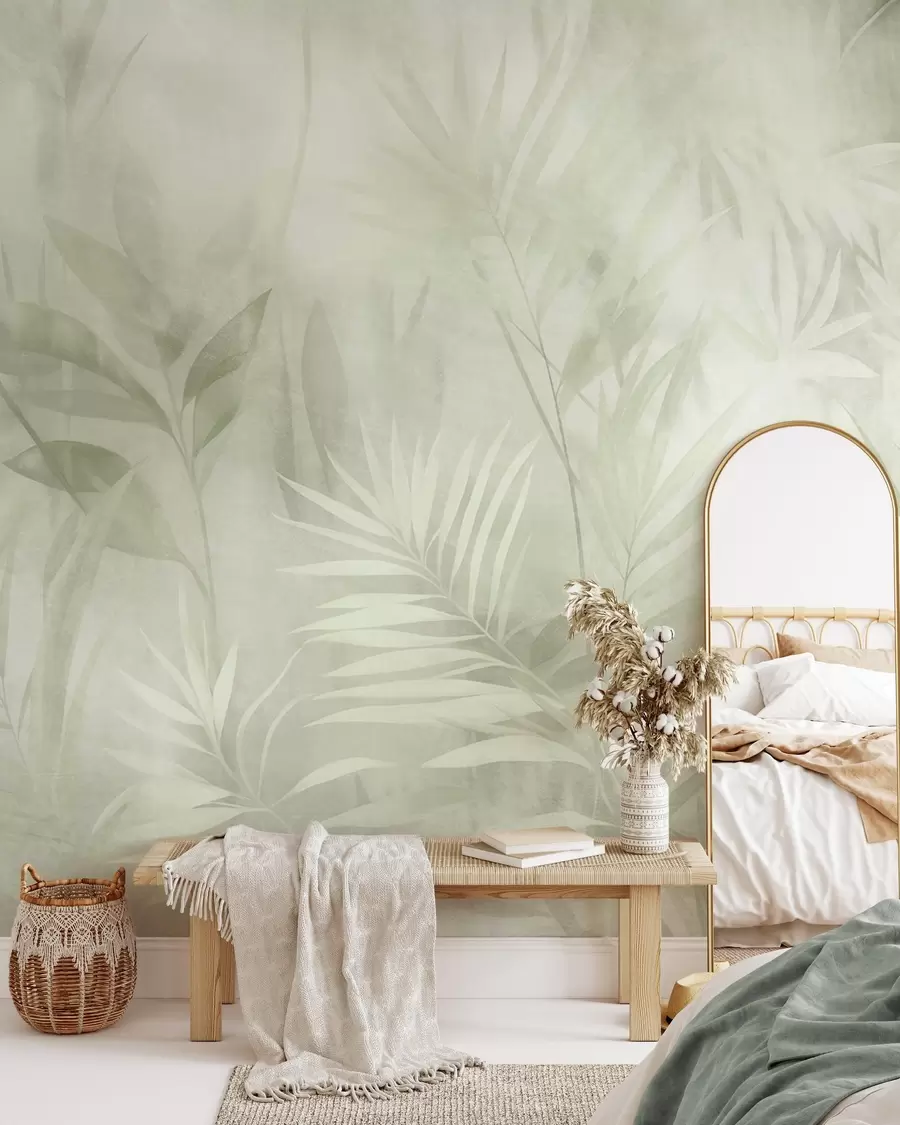 wall murals Palm leaves in muted green tones, with a soft background, tropical jungle w10023v1