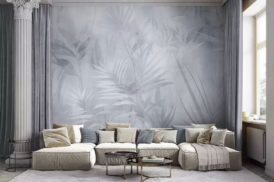 wall murals Palm leaves in muted blue tones, with a soft background, tropical jungle w10023v2