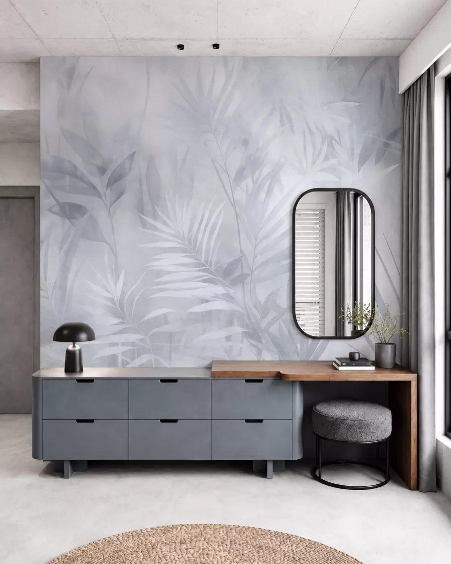 wall murals Palm leaves in muted blue tones, with a soft background, tropical jungle w10023v2