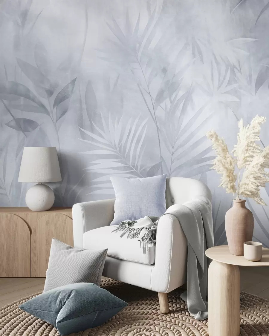 wall murals Palm leaves in muted blue tones, with a soft background, tropical jungle w10023v2