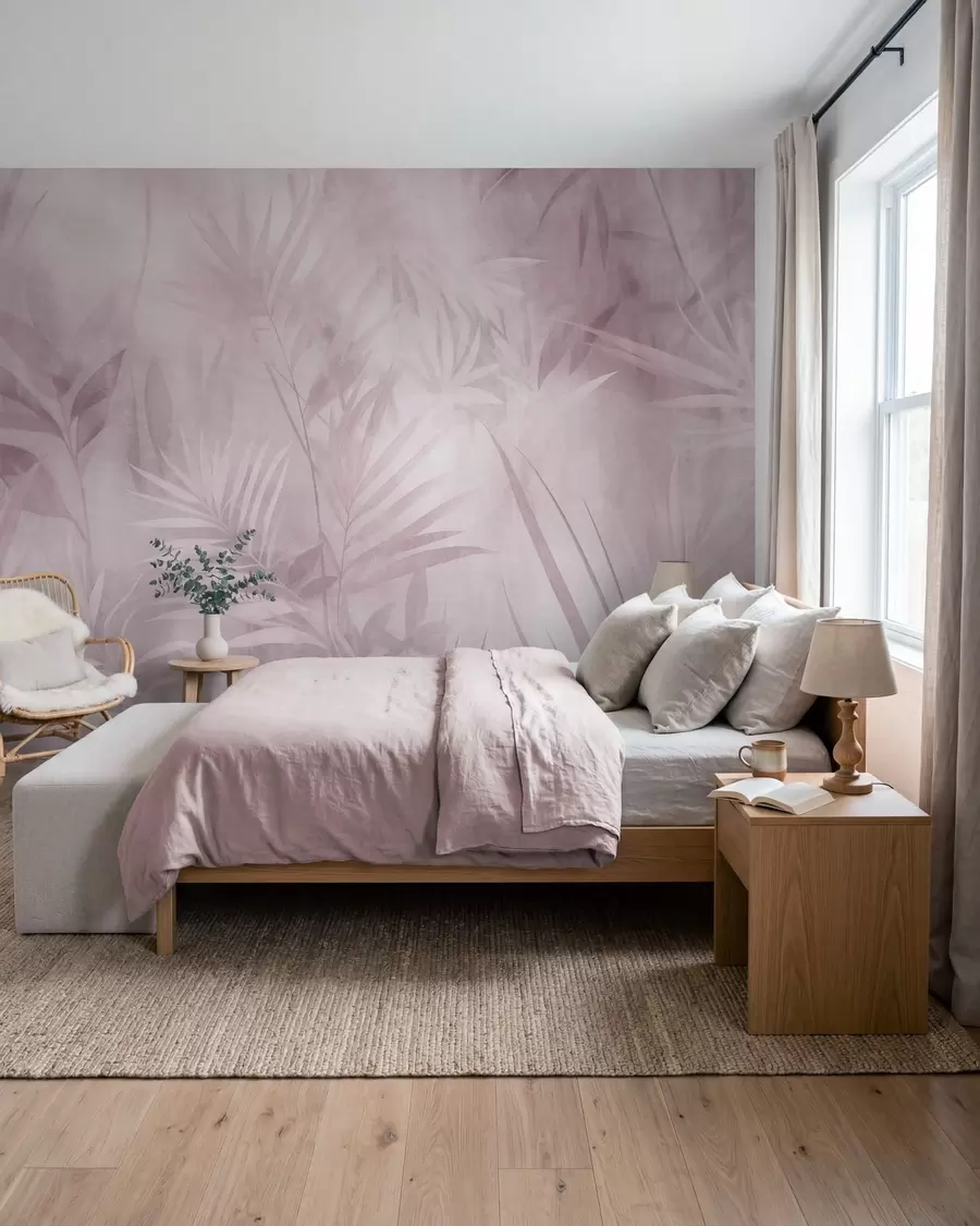 wall murals Palm leaves in muted pink tones, with a soft background, tropical jungle w10023v3