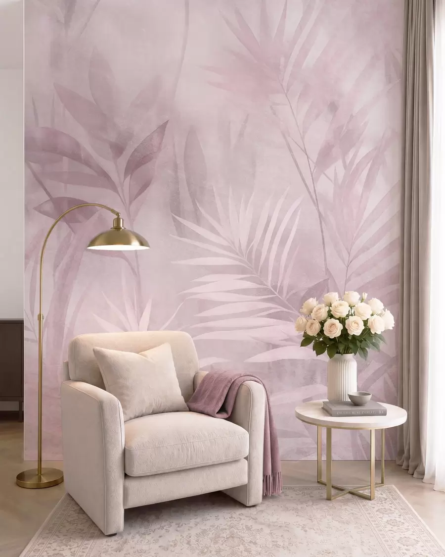 wall murals Palm leaves in muted pink tones, with a soft background, tropical jungle w10023v3