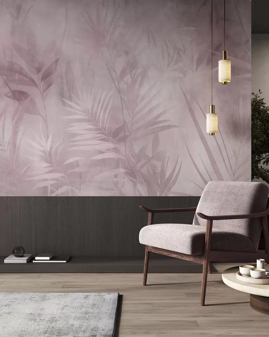 wall murals Palm leaves in muted pink tones, with a soft background, tropical jungle w10023v3