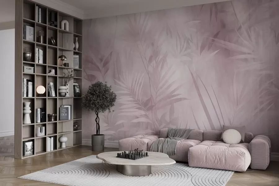 wall murals Palm leaves in muted pink tones, with a soft background, tropical jungle w10023v3