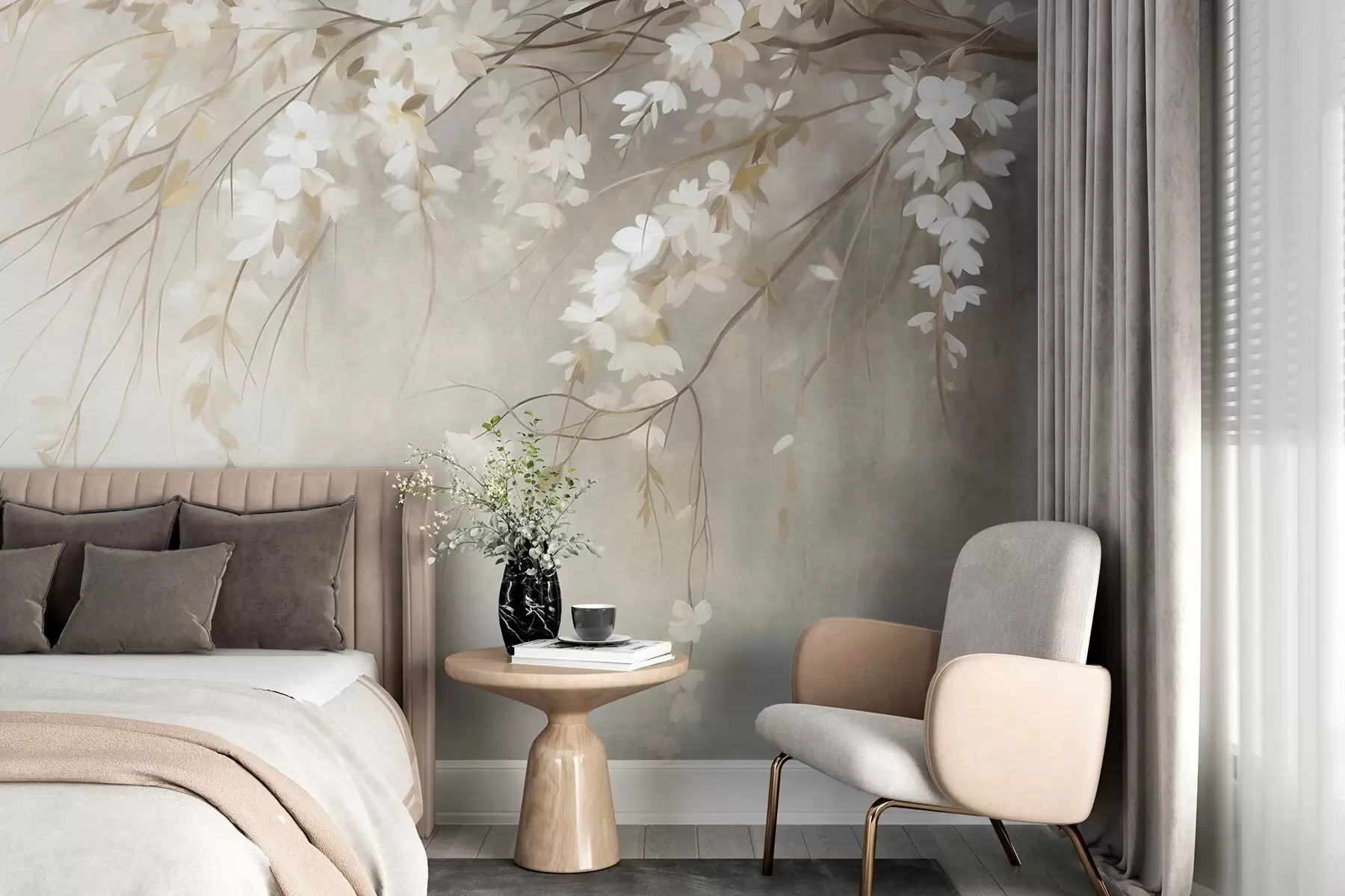 wall murals A delicate cherry tree branch with white blossoms and leaves, painting style w10024
