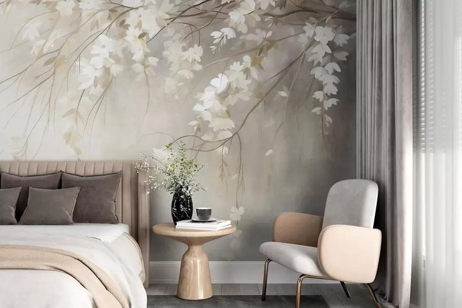 wall murals A delicate cherry tree branch with white blossoms and leaves, painting style w10024