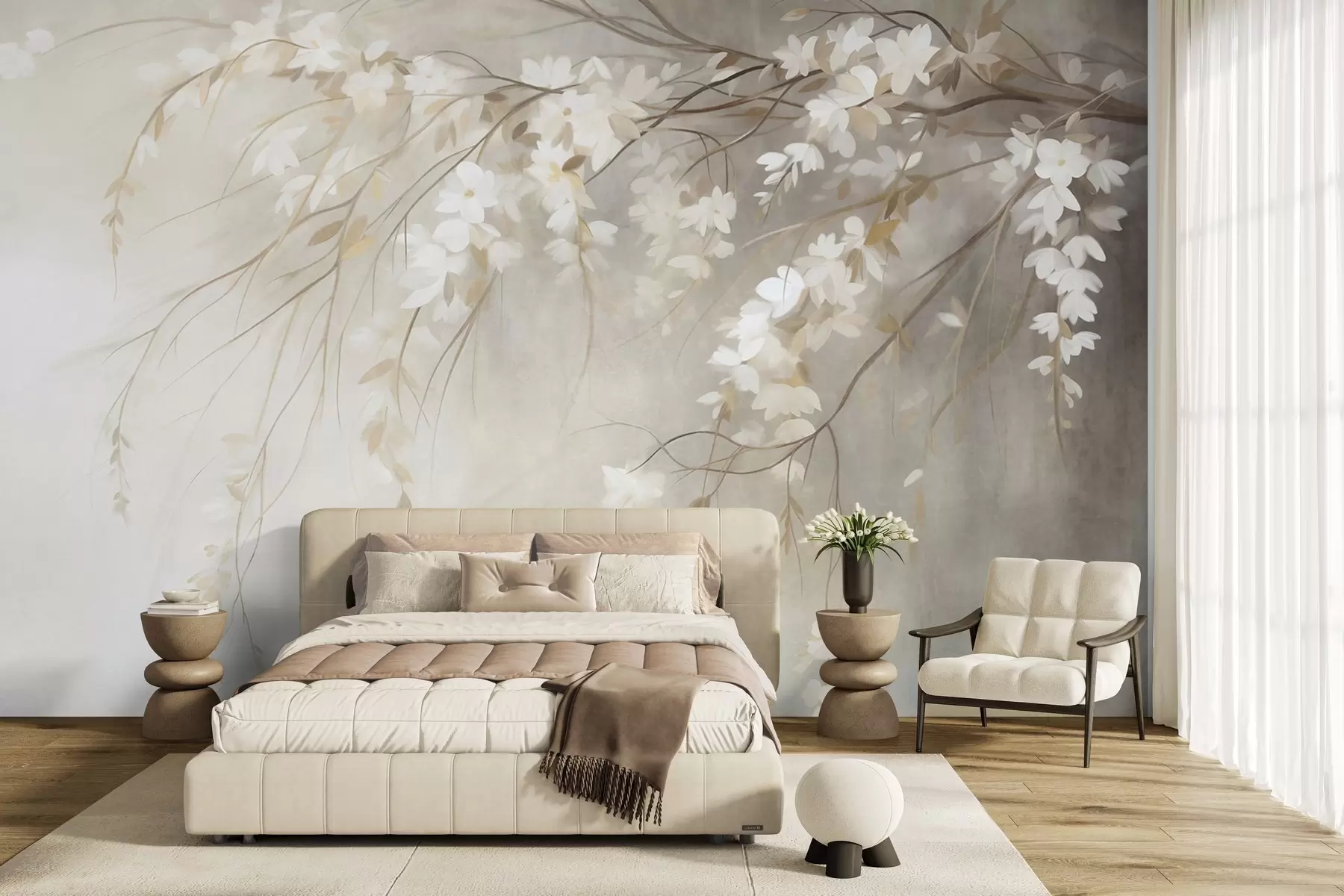 wall murals A delicate cherry tree branch with white blossoms and leaves, painting style w10024