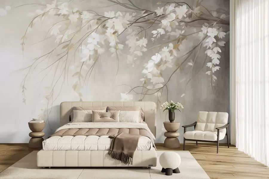 wall murals A delicate cherry tree branch with white blossoms and leaves, painting style w10024