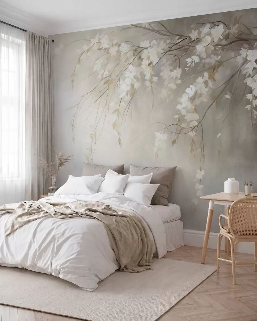 wall murals A delicate cherry tree branch with white blossoms and leaves, painting style w10024