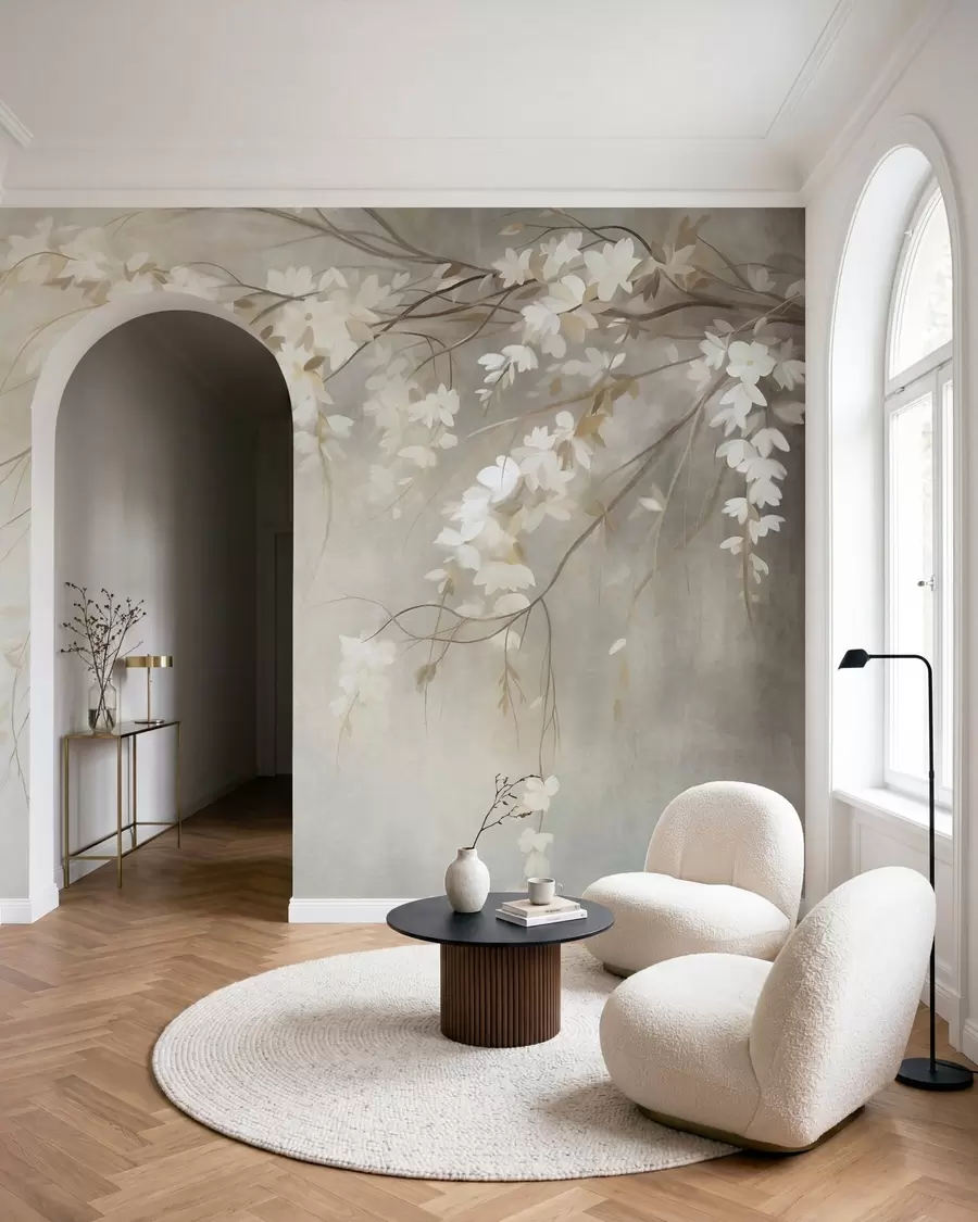 wall murals A delicate cherry tree branch with white blossoms and leaves, painting style w10024