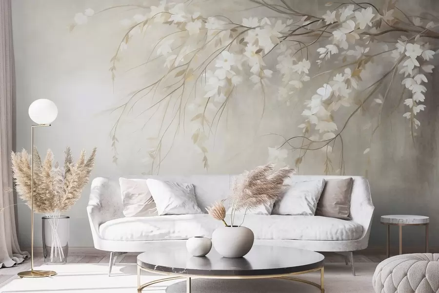 wall murals A delicate cherry tree branch with white blossoms and leaves, painting style w10024