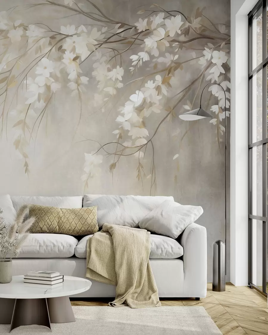 wall murals A delicate cherry tree branch with white blossoms and leaves, painting style w10024
