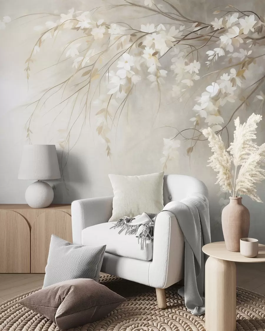 wall murals A delicate cherry tree branch with white blossoms and leaves, painting style w10024