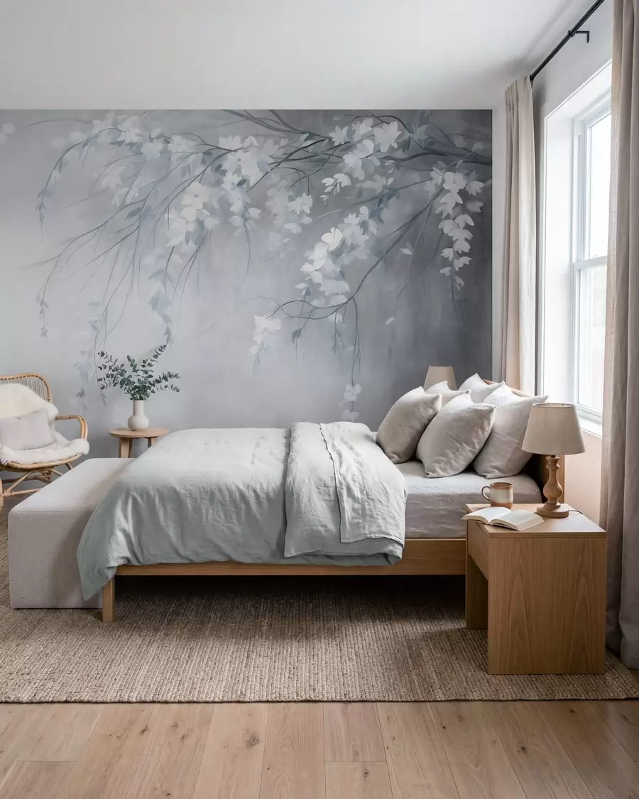 wall murals A delicate cherry tree branch with white blossoms and leaves, painting style w10024v1