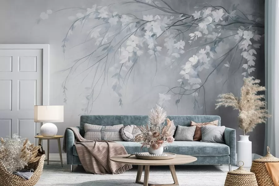 wall murals A delicate cherry tree branch with white blossoms and leaves, painting style w10024v1
