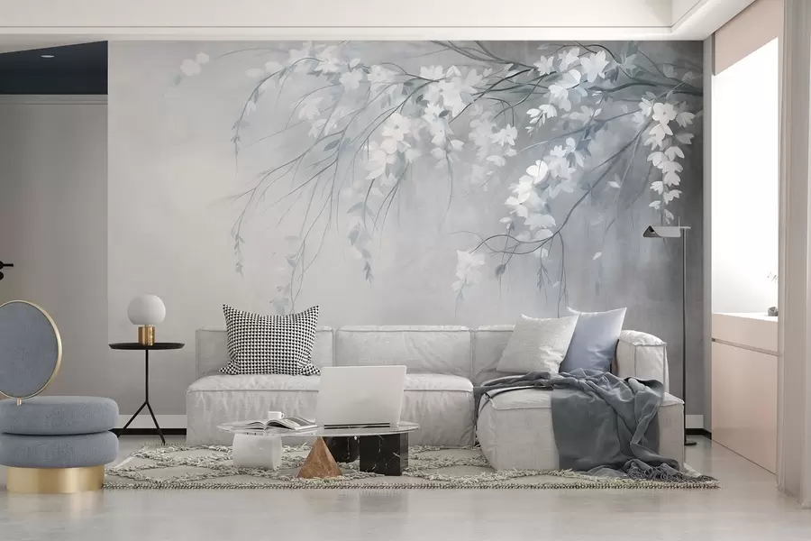 wall murals A delicate cherry tree branch with white blossoms and leaves, painting style w10024v1