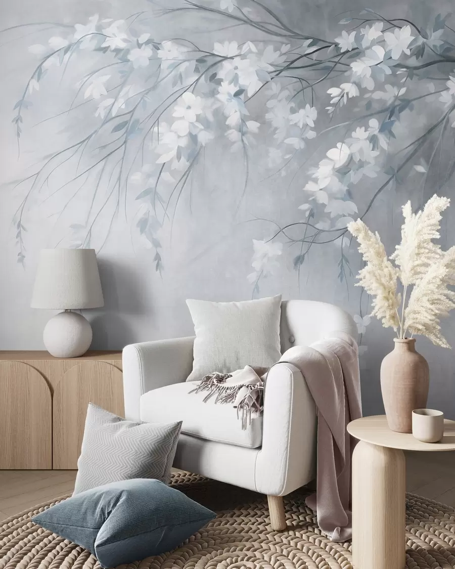 wall murals A delicate cherry tree branch with white blossoms and leaves, painting style w10024v1