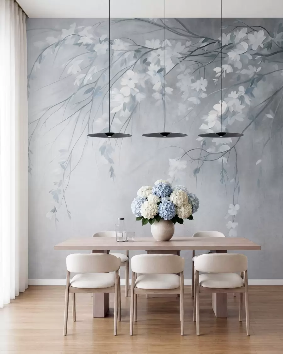 wall murals A delicate cherry tree branch with white blossoms and leaves, painting style w10024v1