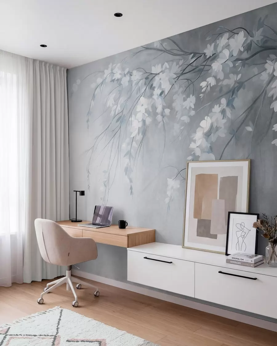 wall murals A delicate cherry tree branch with white blossoms and leaves, painting style w10024v1
