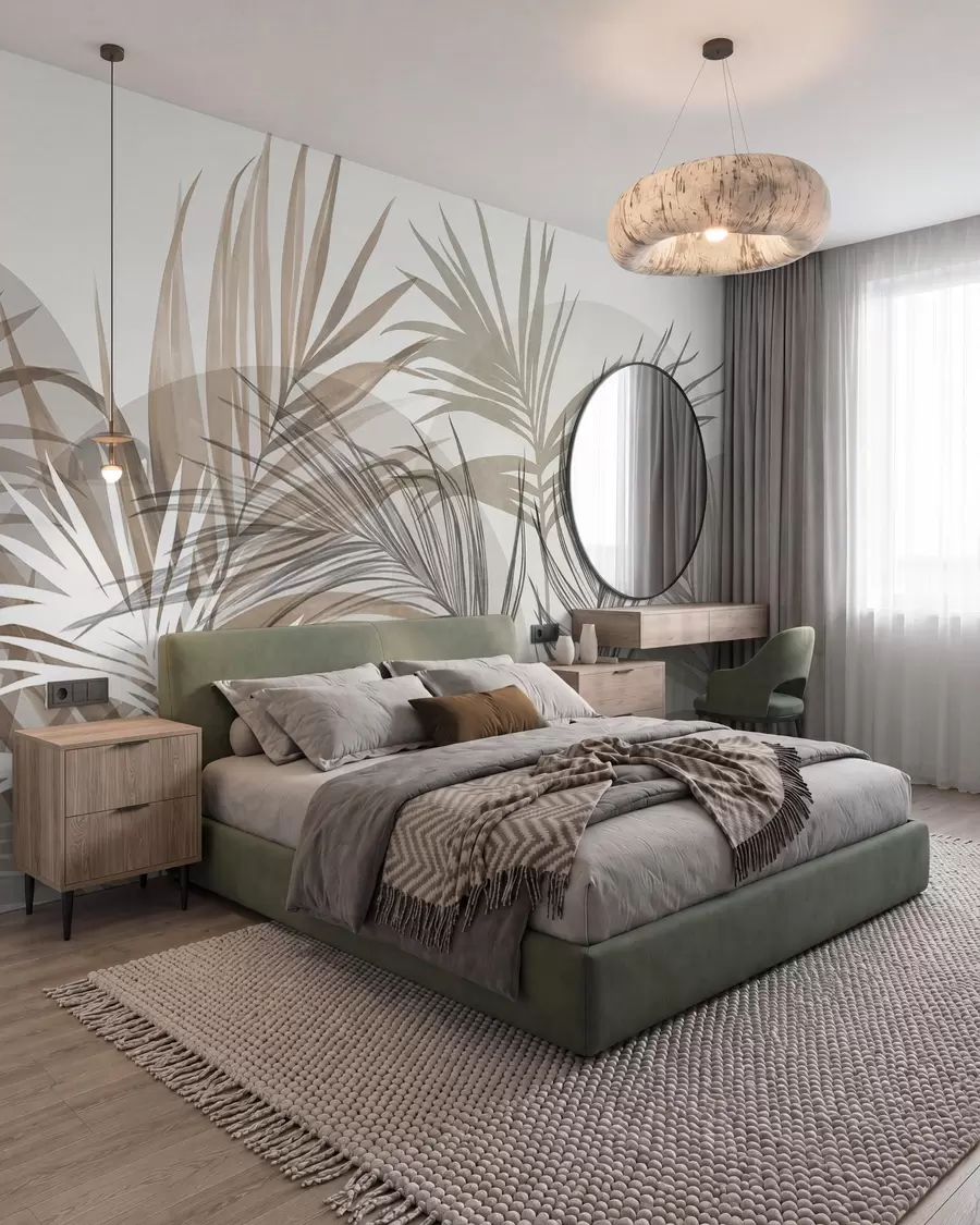 wall murals Palm leaves in neutral tones of beige, brown and gray, with abstract shapes w10025