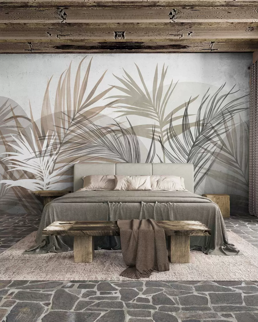 wall murals Palm leaves in neutral tones of beige, brown and gray, with abstract shapes w10025