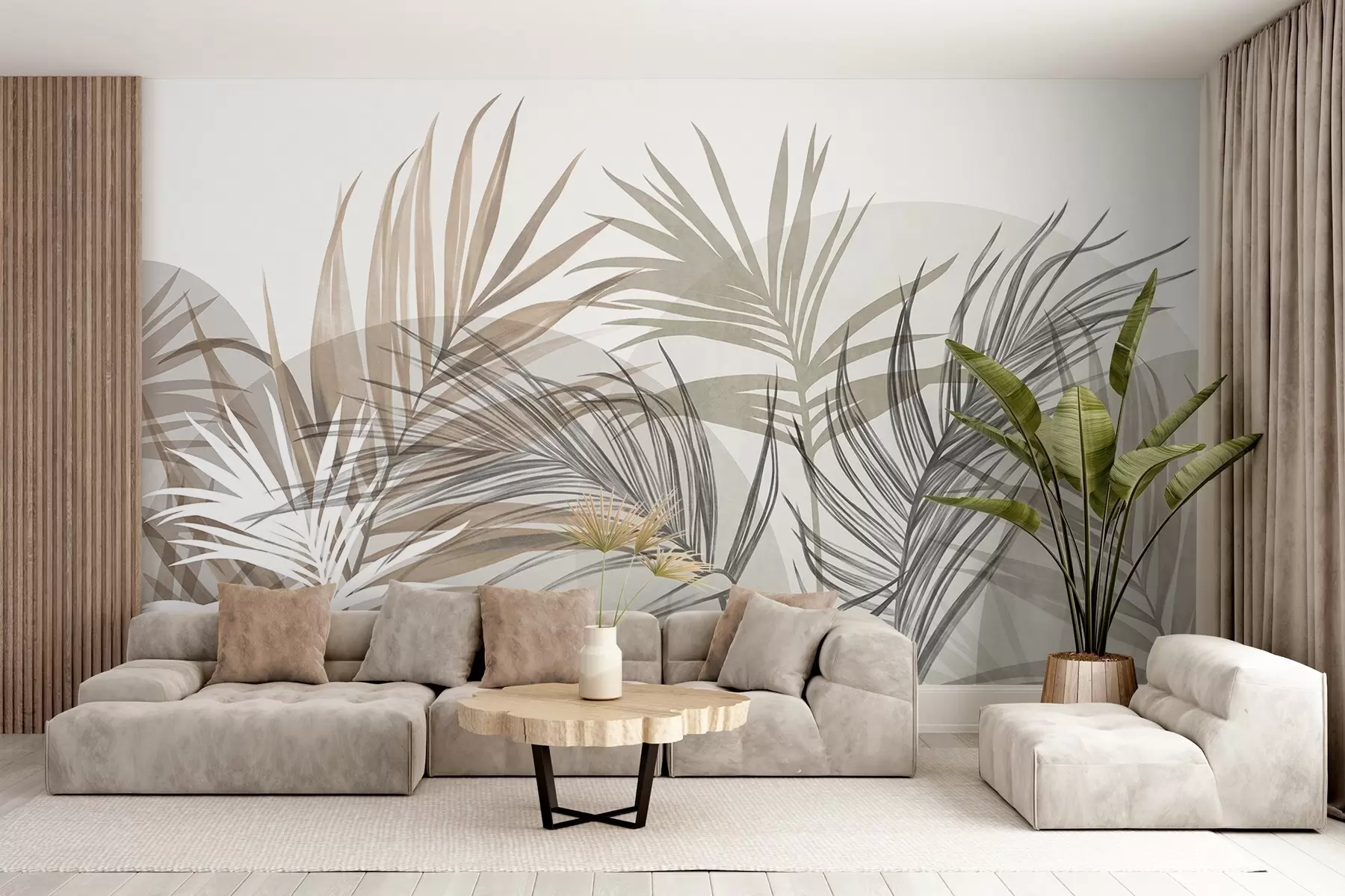 wall murals Palm leaves in neutral tones of beige, brown and gray, with abstract shapes w10025