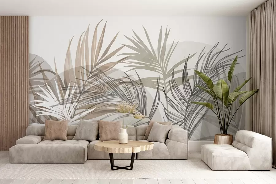 wall murals Palm leaves in neutral tones of beige, brown and gray, with abstract shapes w10025