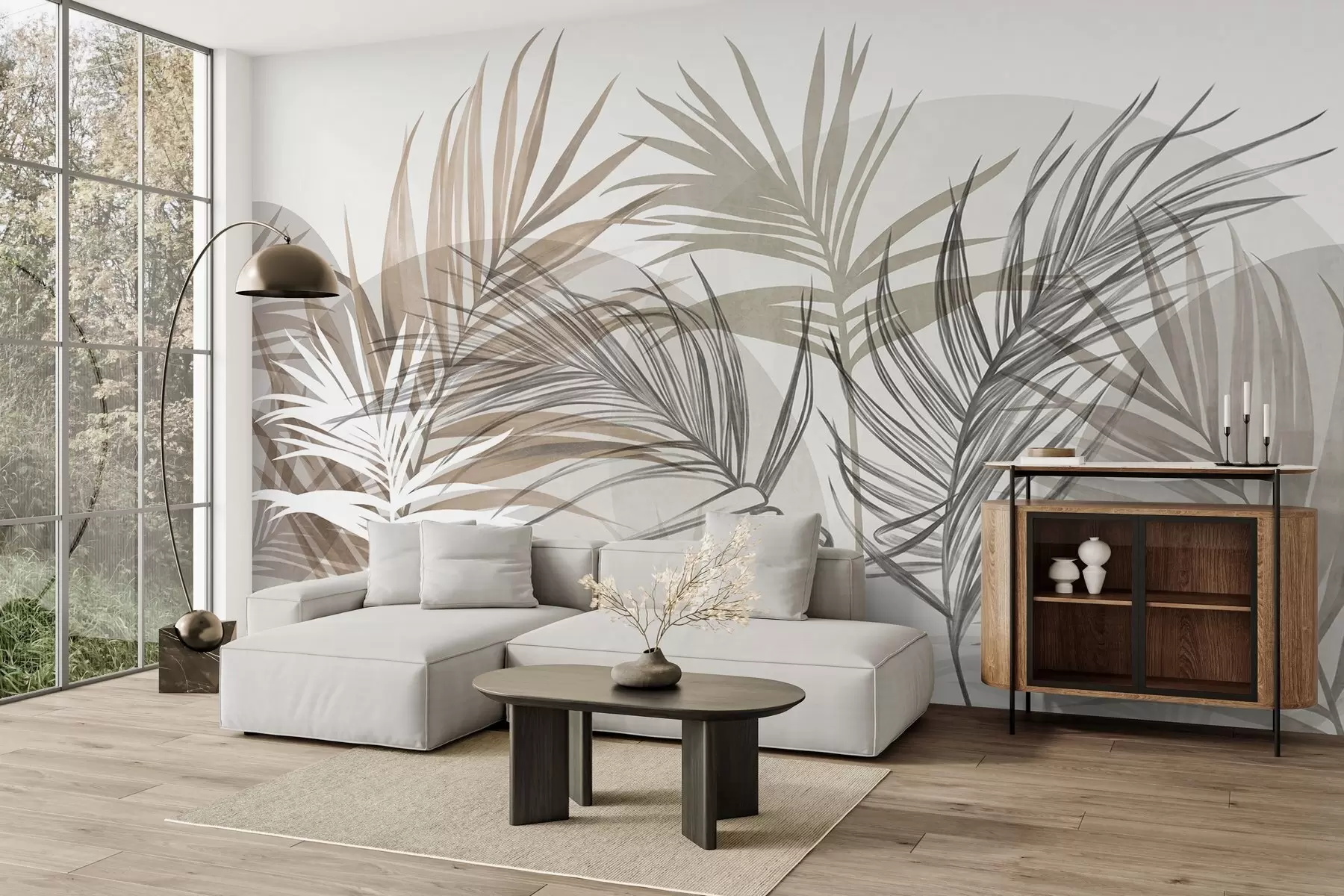 wall murals Palm leaves in neutral tones of beige, brown and gray, with abstract shapes w10025