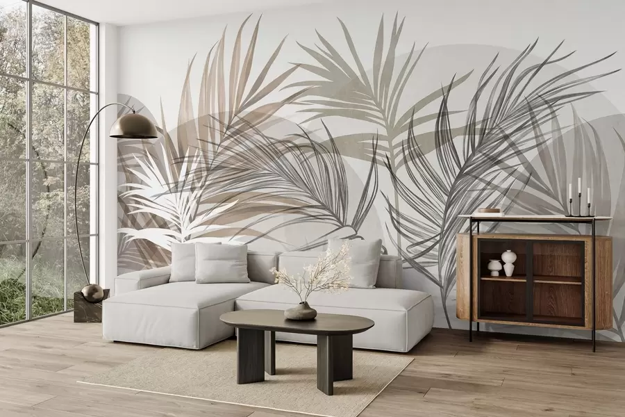 wall murals Palm leaves in neutral tones of beige, brown and gray, with abstract shapes w10025