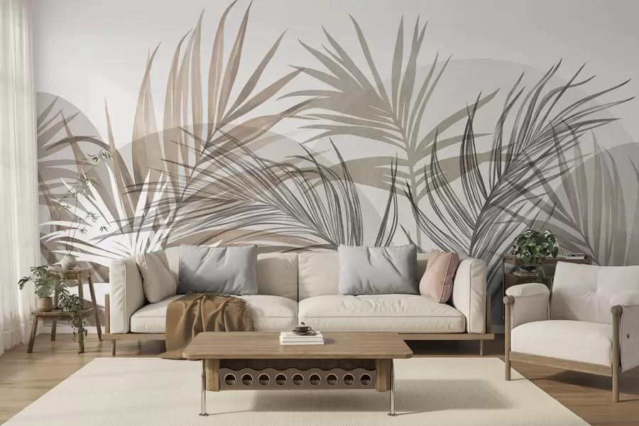 wall murals Palm leaves in neutral tones of beige, brown and gray, with abstract shapes w10025