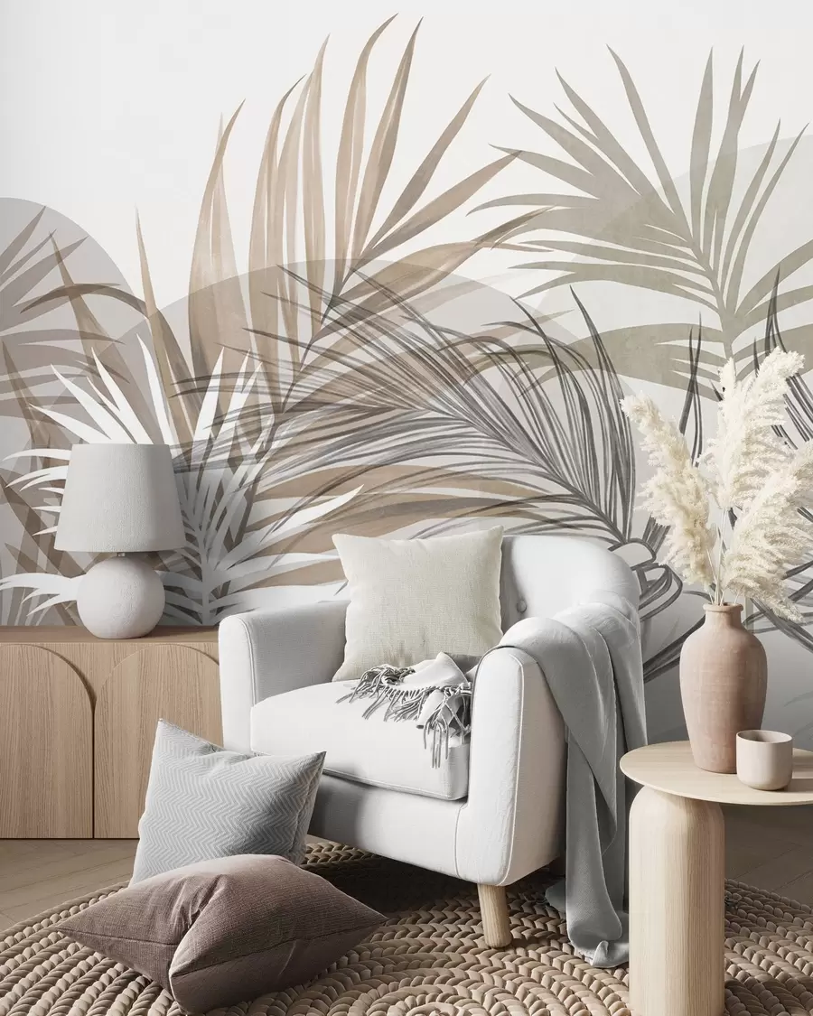 wall murals Palm leaves in neutral tones of beige, brown and gray, with abstract shapes w10025