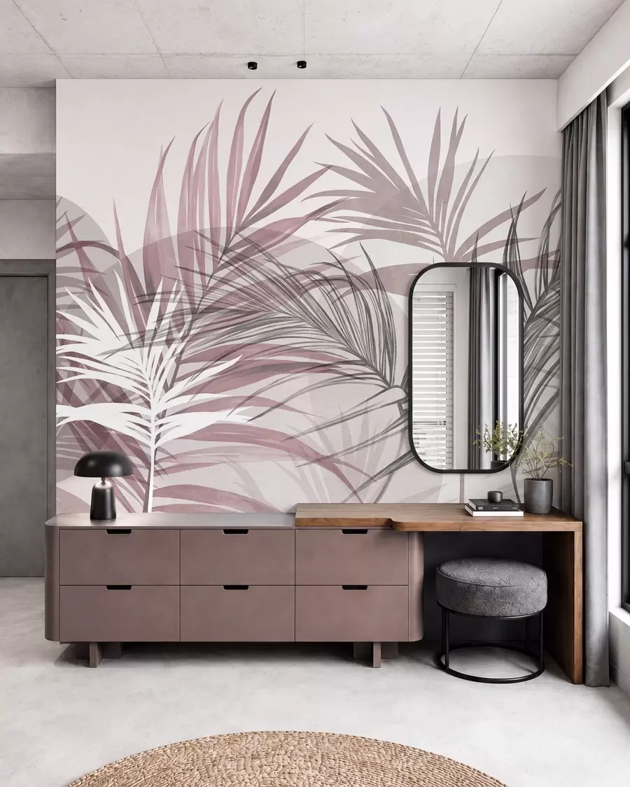 wall murals Palm leaves in neutral tones of pink and gray, with abstract shapes w10025v1