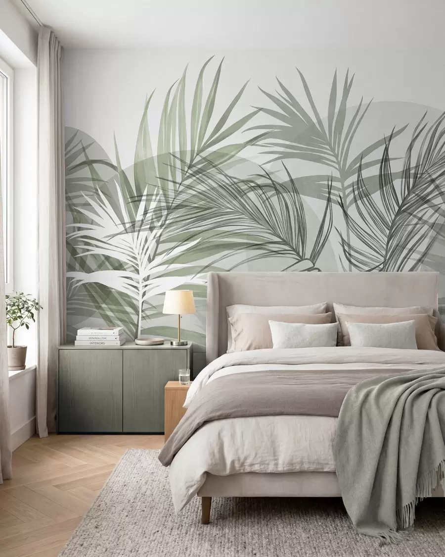 wall murals Palm leaves in neutral tones of green and gray, with abstract shapes w10025v2