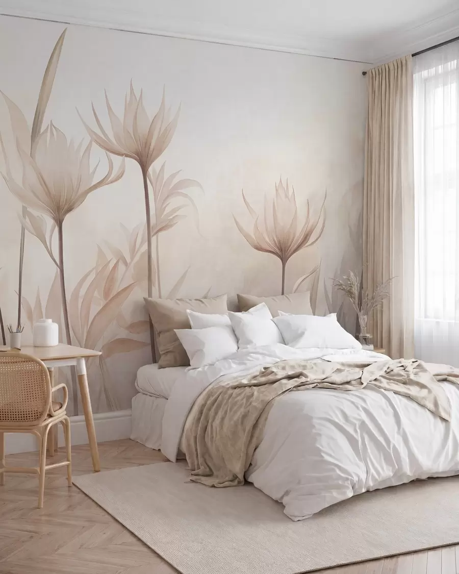 wall murals Textured translucent flowers in soft peach and beige hues with long stems and foliage w10028